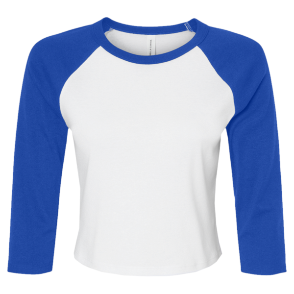 Bella + Canvas Women's Micro Rib Three-Quarter Raglan Sleeve Baby Tee, White / True Royal, Front view