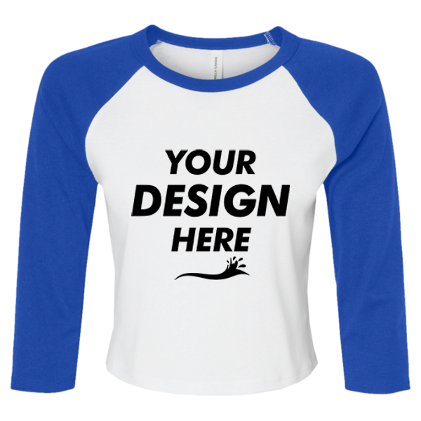 Bella + Canvas Women's Micro Rib Three-Quarter Raglan Sleeve Baby Tee, White / True Royal, Front view, Mockup