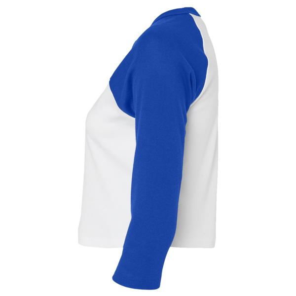 Bella + Canvas Women's Micro Rib Three-Quarter Raglan Sleeve Baby Tee, White / True Royal, Left Sleeve view