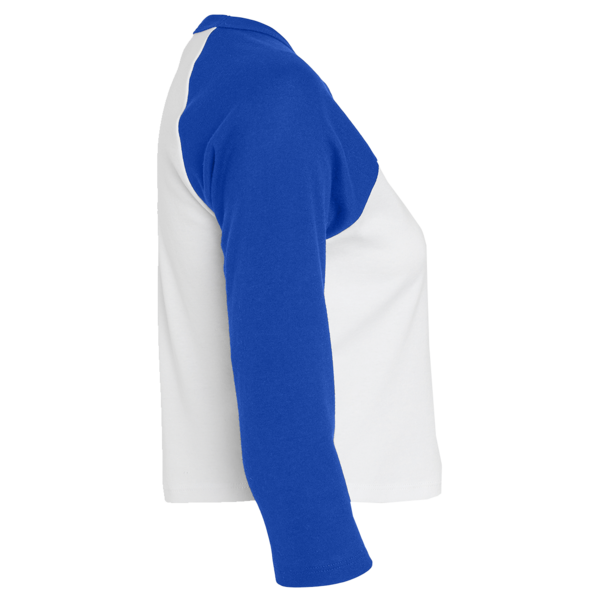 Bella + Canvas Women's Micro Rib Three-Quarter Raglan Sleeve Baby Tee, White / True Royal, Right Sleeve view