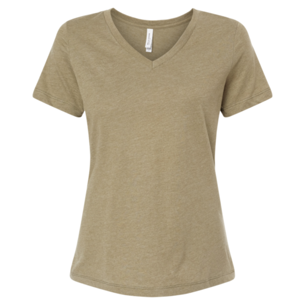 Bella + Canvas Women's Relaxed Heather CVC V-Neck Tee, Heather Olive, Front view