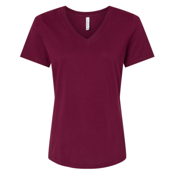 Bella + Canvas Women’s Relaxed Jersey V-Neck Tee, Maroon, Front view