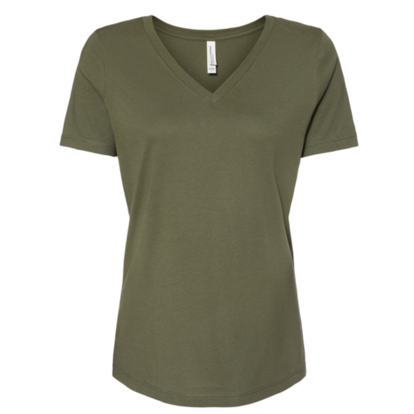 Bella + Canvas Women’s Relaxed Jersey V-Neck Tee, Military Green, Front view