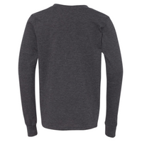 Bella + Canvas Youth Heather CVC Long Sleeve Tee, Dark Grey Heather, Back view