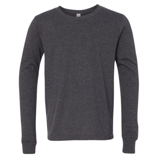Bella + Canvas Youth Heather CVC Long Sleeve Tee, Dark Grey Heather, Front view