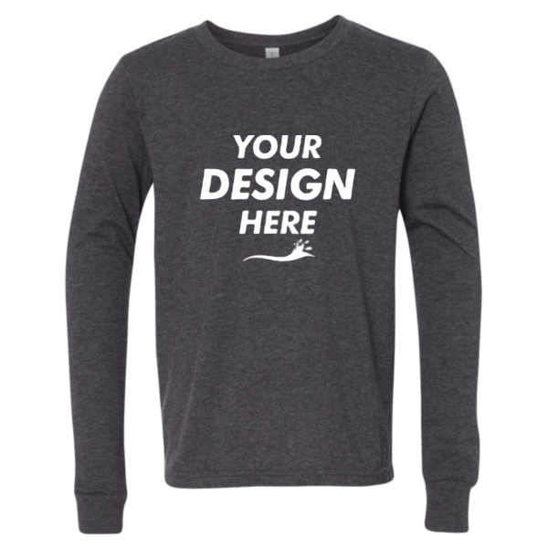 Bella + Canvas Youth Heather CVC Long Sleeve Tee, Dark Grey Heather, Front view, Mockup