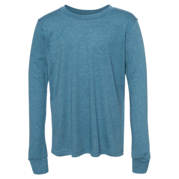 Bella + Canvas Youth Heather CVC Long Sleeve Tee, Heather Deep Teal, Front view