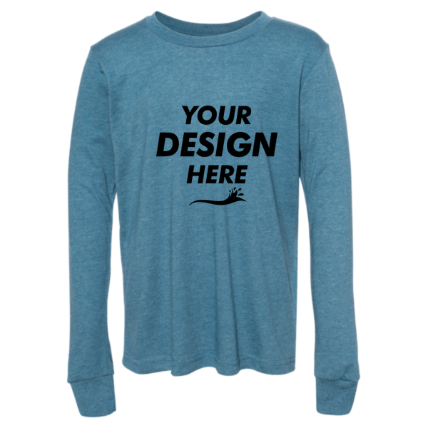 Bella + Canvas Youth Heather CVC Long Sleeve Tee, Heather Deep Teal, Front view, Mockup