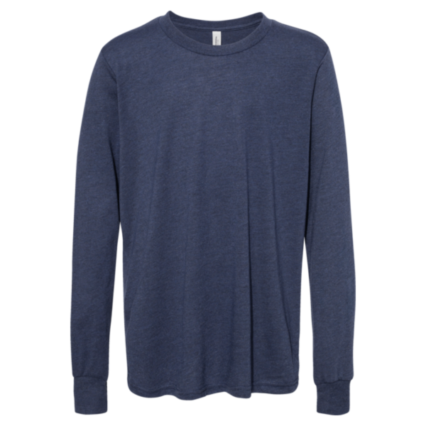 Bella + Canvas Youth Heather CVC Long Sleeve Tee, Heather Navy, Front view