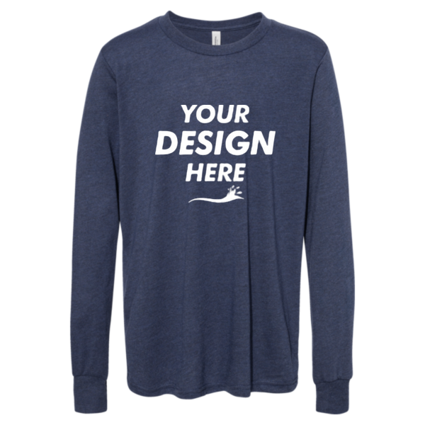 Bella + Canvas Youth Heather CVC Long Sleeve Tee, Heather Navy, Front view, Mockup
