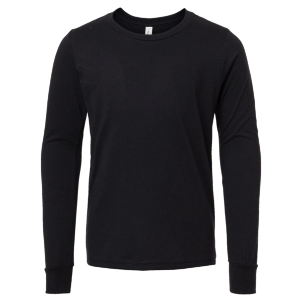 Bella + Canvas Youth Heather CVC Long Sleeve Tee, Solid Black Blend, Front view