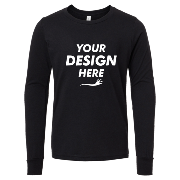 Bella + Canvas Youth Heather CVC Long Sleeve Tee, Solid Black Blend, Front view, Mockup