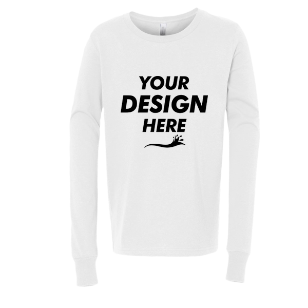 Bella + Canvas Youth Jersey Long Sleeve Tee, White, Front view, Mockup