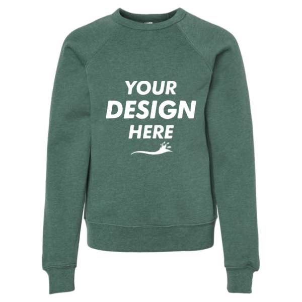 Bella + Canvas Youth Sponge Fleece Crewneck Sweatshirt, Heather Forest, Front view, Mockup