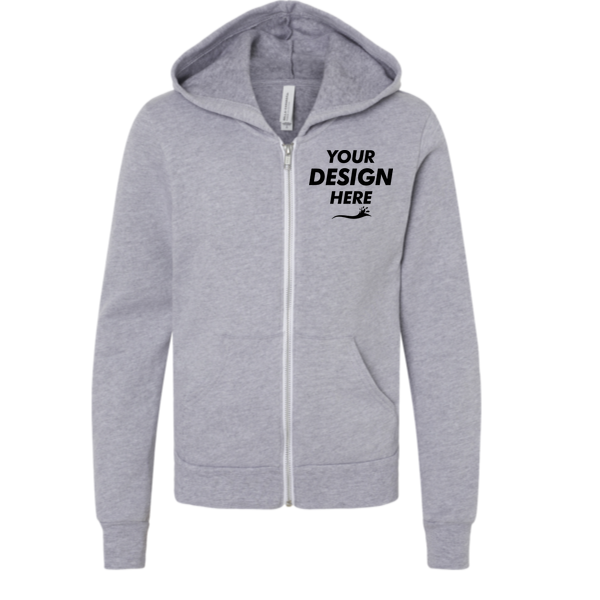 Bella + Canvas Youth Sponge Fleece Full-Zip Hoodie Sweatshirt, Athletic Heather, Front view, Mockup
