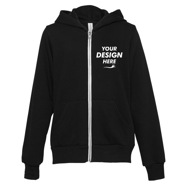 Bella + Canvas Youth Sponge Fleece Full-Zip Hoodie Sweatshirt, Black, Front view, Mockup