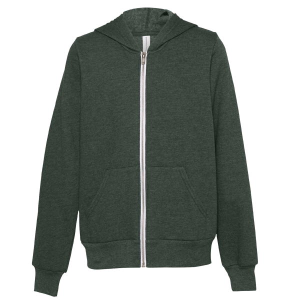 Bella + Canvas Youth Sponge Fleece Full-Zip Hoodie Sweatshirt, Heather Forest, Front view