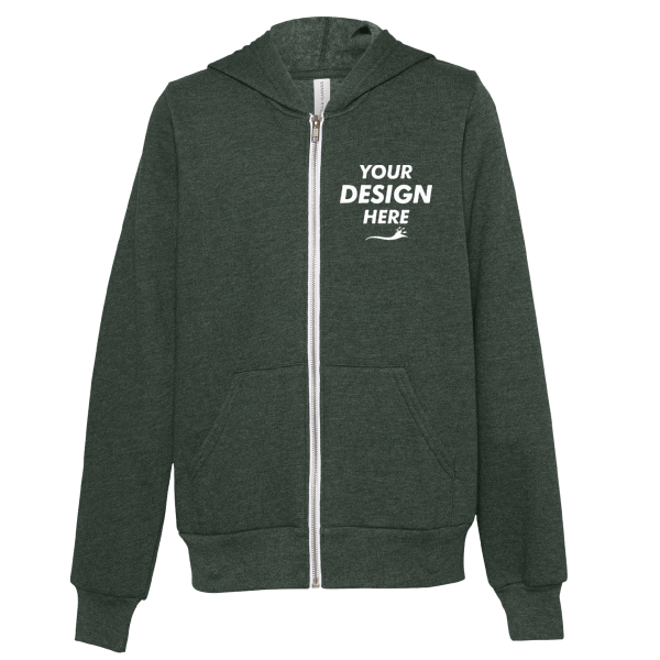 Bella + Canvas Youth Sponge Fleece Full-Zip Hoodie Sweatshirt, Heather Forest, Front view, Mockup