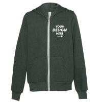 Bella + Canvas Youth Sponge Fleece Full-Zip Hoodie Sweatshirt, Heather Forest, Front view, Mockup