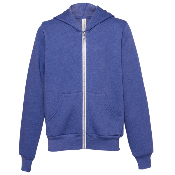 Bella + Canvas Youth Sponge Fleece Full-Zip Hoodie Sweatshirt, Heather True Royal, Front view