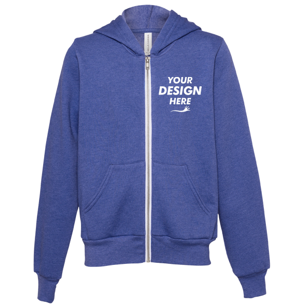 Bella + Canvas Youth Sponge Fleece Full-Zip Hoodie Sweatshirt, Heather True Royal, Front view, Mockup
