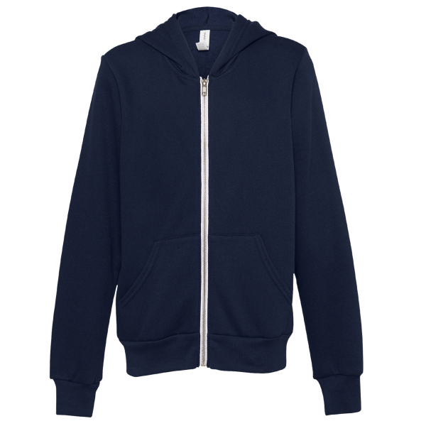 Bella + Canvas Youth Sponge Fleece Full-Zip Hoodie Sweatshirt, Navy, Front view