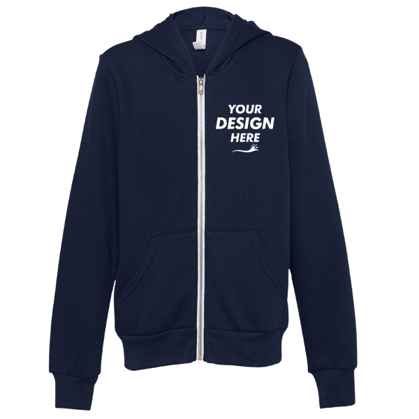 Bella + Canvas Youth Sponge Fleece Full-Zip Hoodie Sweatshirt, Navy, Front view, Mockup