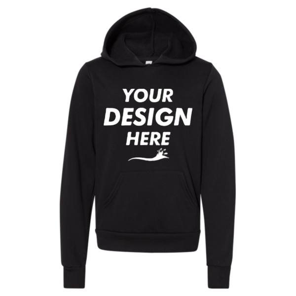Bella + Canvas Youth Sponge Fleece Hoodie Sweatshirt, Black, Front view, Mockup