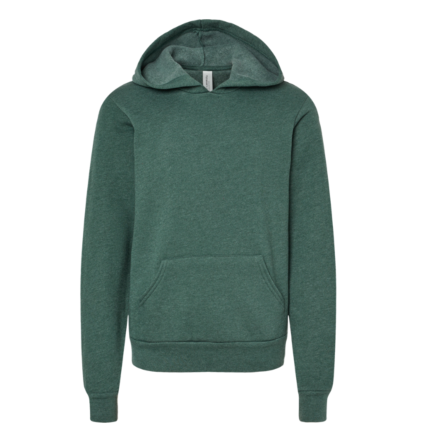 Bella + Canvas Youth Sponge Fleece Hoodie Sweatshirt, Heather Forest, Front view