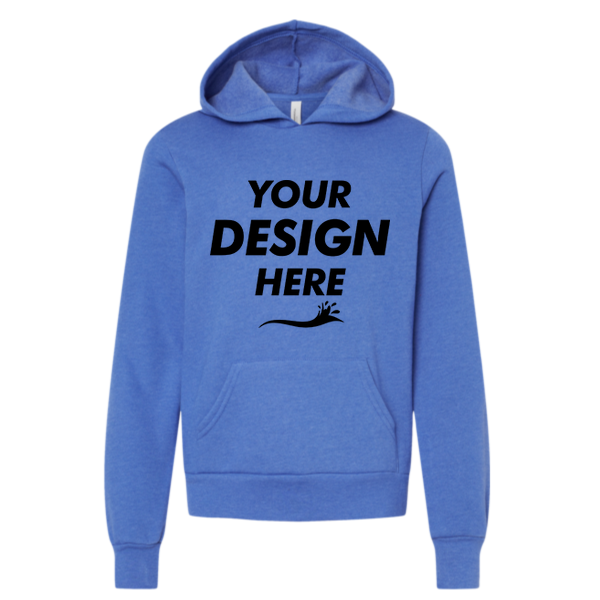 Bella + Canvas Youth Sponge Fleece Hoodie Sweatshirt, Heather True Royal, Front view, Mockup