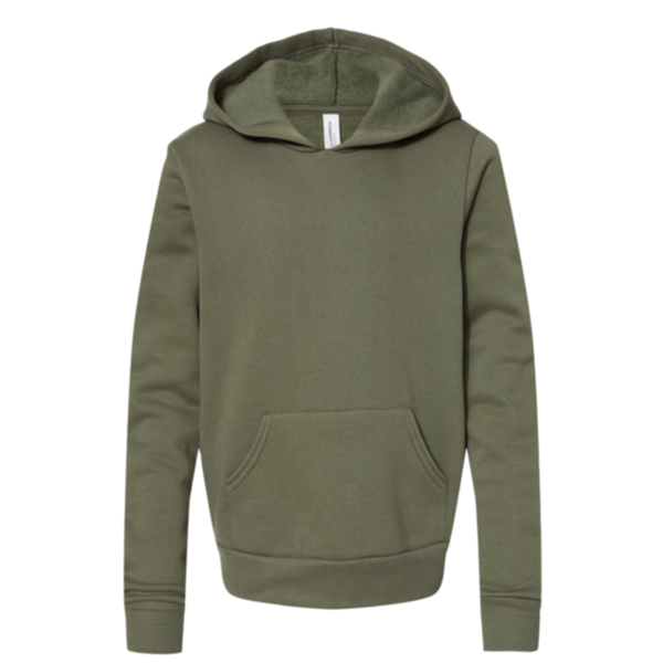 Bella + Canvas Youth Sponge Fleece Hoodie Sweatshirt, Military Green, Front view