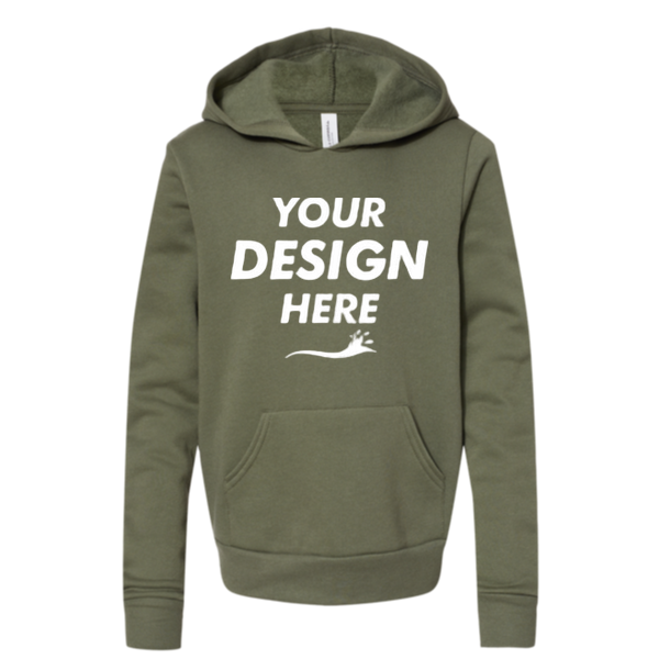 Bella + Canvas Youth Sponge Fleece Hoodie Sweatshirt, Military Green, Front view, Mockup