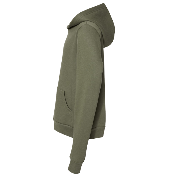 Bella + Canvas Youth Sponge Fleece Hoodie Sweatshirt, Military Green, Left Sleeve view