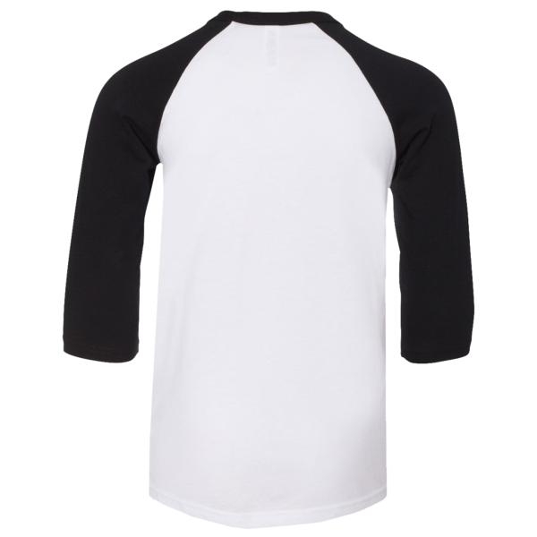 Bella + Canvas Youth Three-Quarter Sleeve Baseball Tee, White / Black, Back view