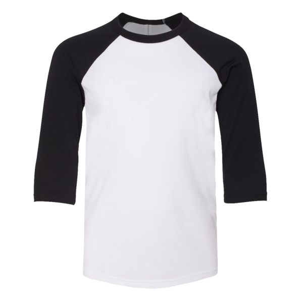 Bella + Canvas Youth Three-Quarter Sleeve Baseball Tee, White / Black, Front view