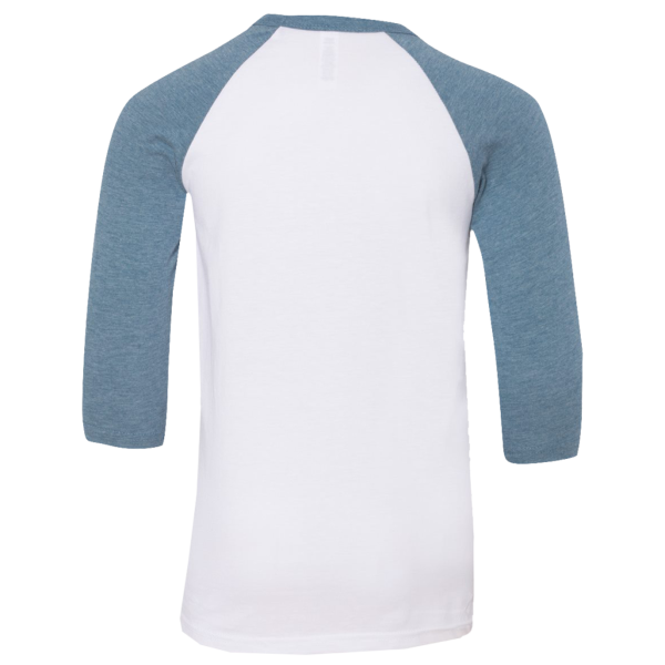 Bella + Canvas Youth Three-Quarter Sleeve Baseball Tee, White / Denim, Back view