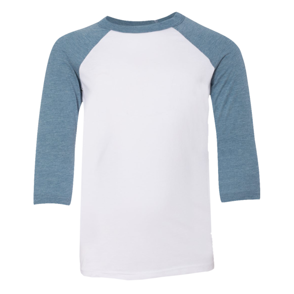 Bella + Canvas Youth Three-Quarter Sleeve Baseball Tee, White / Denim, Front view