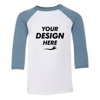 Bella + Canvas Youth Three-Quarter Sleeve Baseball Tee, White / Denim, Front view, Mockup