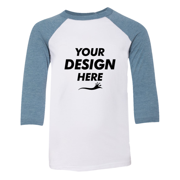 Bella + Canvas Youth Three-Quarter Sleeve Baseball Tee, White / Denim, Front view, Mockup