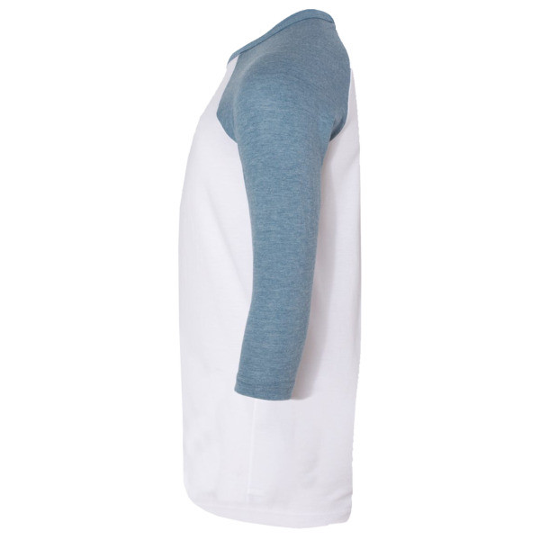 Bella + Canvas Youth Three-Quarter Sleeve Baseball Tee, White / Denim, Left Sleeve view