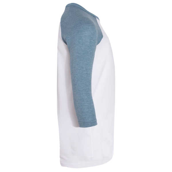 Bella + Canvas Youth Three-Quarter Sleeve Baseball Tee, White / Denim, Right Sleeve view
