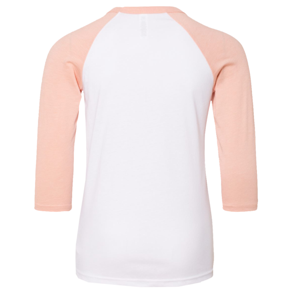 Bella + Canvas Youth Three-Quarter Sleeve Baseball Tee, White / Heather Peach, Back view