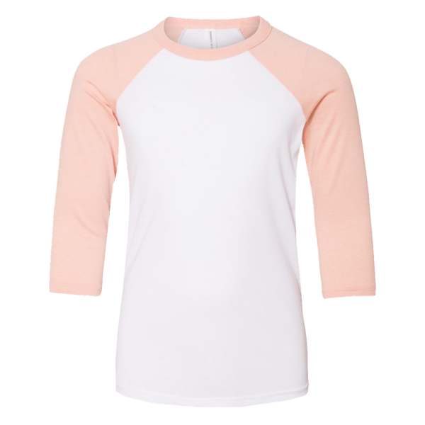 Bella + Canvas Youth Three-Quarter Sleeve Baseball Tee, White / Heather Peach, Front view