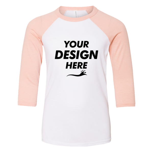 Bella + Canvas Youth Three-Quarter Sleeve Baseball Tee, White / Heather Peach, Front view, Mockup