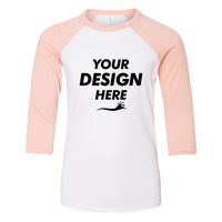 Bella + Canvas Youth Three-Quarter Sleeve Baseball Tee, White / Heather Peach, Front view, Mockup