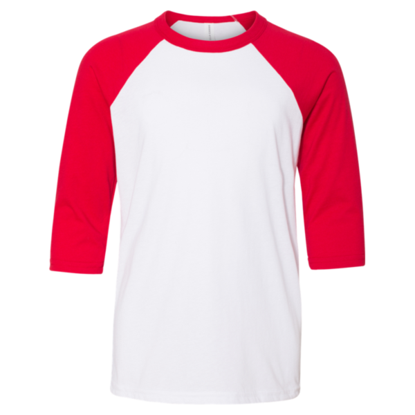 Bella + Canvas Youth Three-Quarter Sleeve Baseball Tee, White / Red, Front view