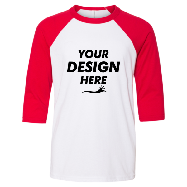 Bella + Canvas Youth Three-Quarter Sleeve Baseball Tee, White / Red, Front view, Mockup