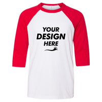 Bella + Canvas Youth Three-Quarter Sleeve Baseball Tee, White / Red, Front view, Mockup