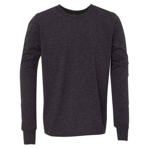 Bella + Canvas Youth Triblend Long Sleeve Tee, Charcoal Black Triblend, Front view