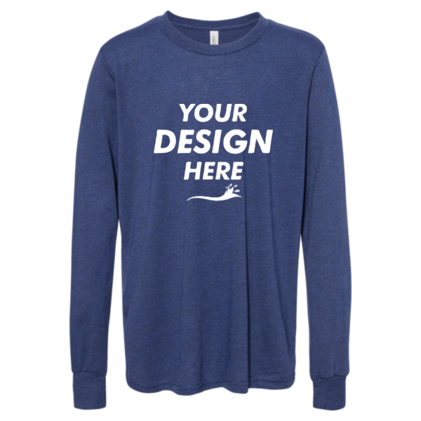 Bella + Canvas Youth Triblend Long Sleeve Tee, Navy Triblend, Front view, Mockup